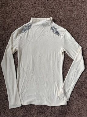 Express Cream Mock Neck Long-Sleeve Top with Silver Bead Accents